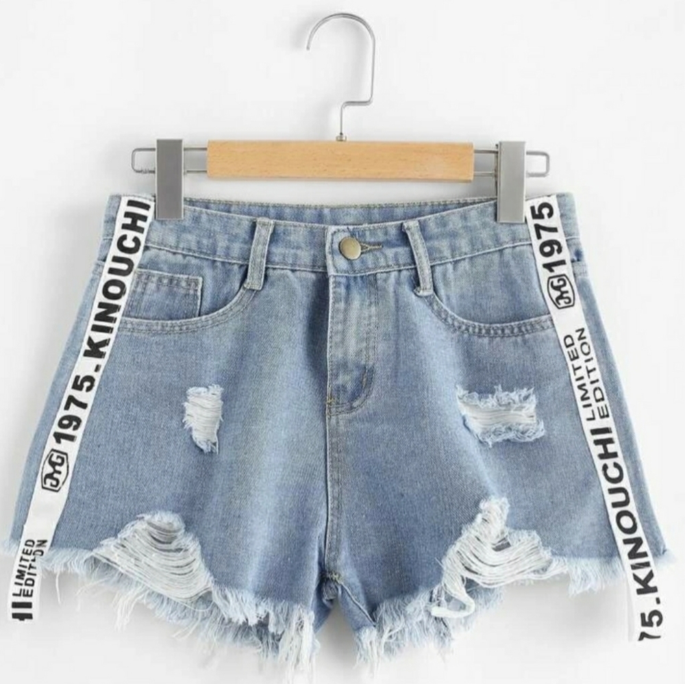 Letter Tape Distressed Denim Shorts